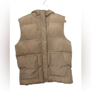 Toast Society Aries women’s M Tan Zip Snap Button Hooded Oversized Puffer Vest